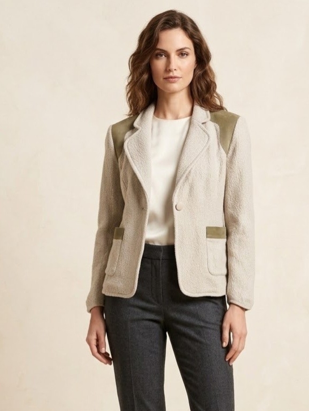 Vintage St. John Cream Blazer with Olive Shoulder and Pocket Accents